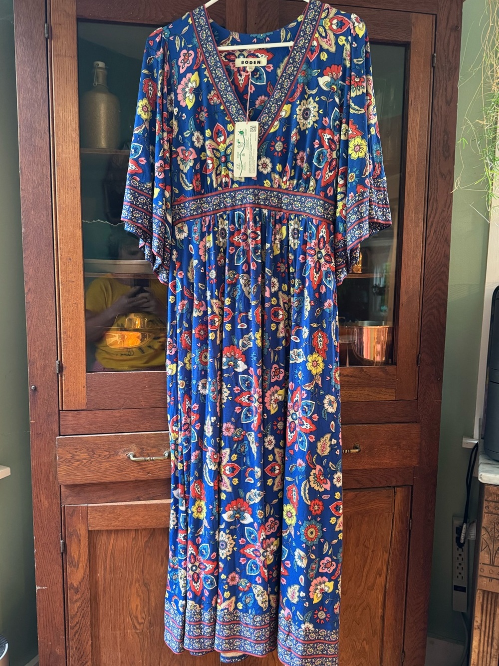 Boden Blue Floral Kimono Midi Dress with Multicolor Print